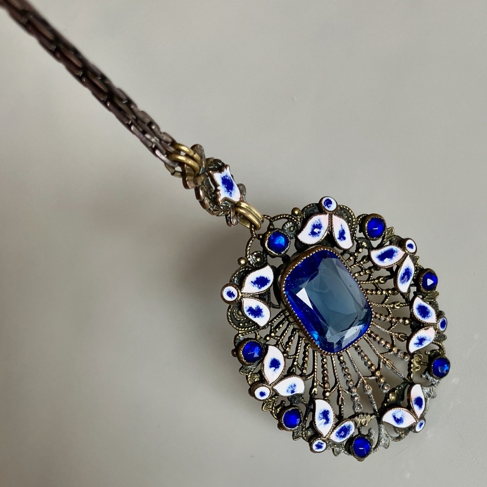 Antique Art Nouveau Pendant Necklace with Emerald-cut Blue Stone